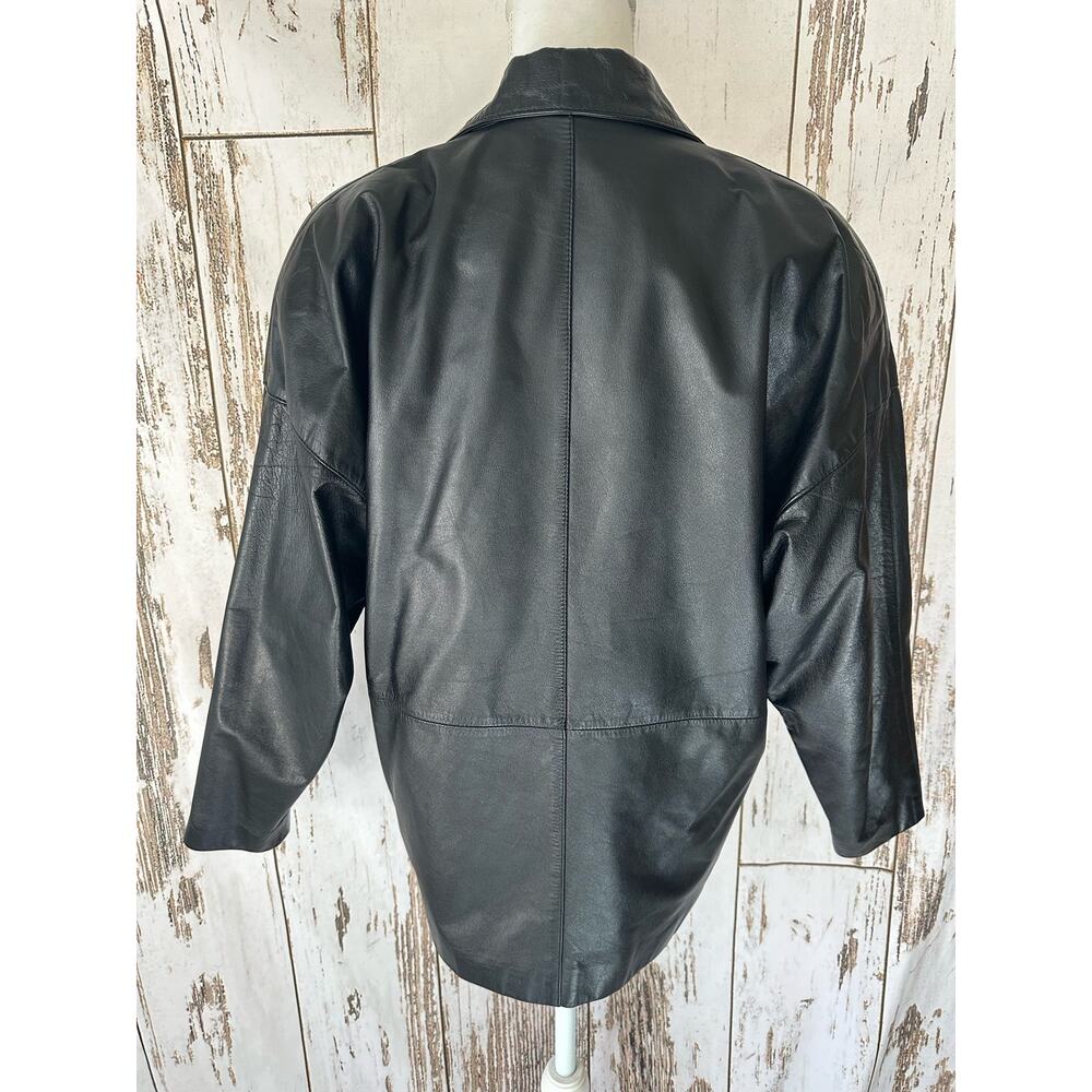 Toffs Women's Black Leather Jacket Vintage W/ Shoulder Pads - Picture 3 of 5